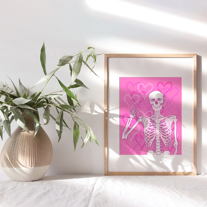 Cute Skeleton Wall Art - Preppy Room Decor Aesthetic - VSCO Pop art Room Decor - Pink Hearts Trendy Room Decor - Yellowbird Art & Design - Dorm Room Girls Bedroom peace sign Decor - Halloween Poster