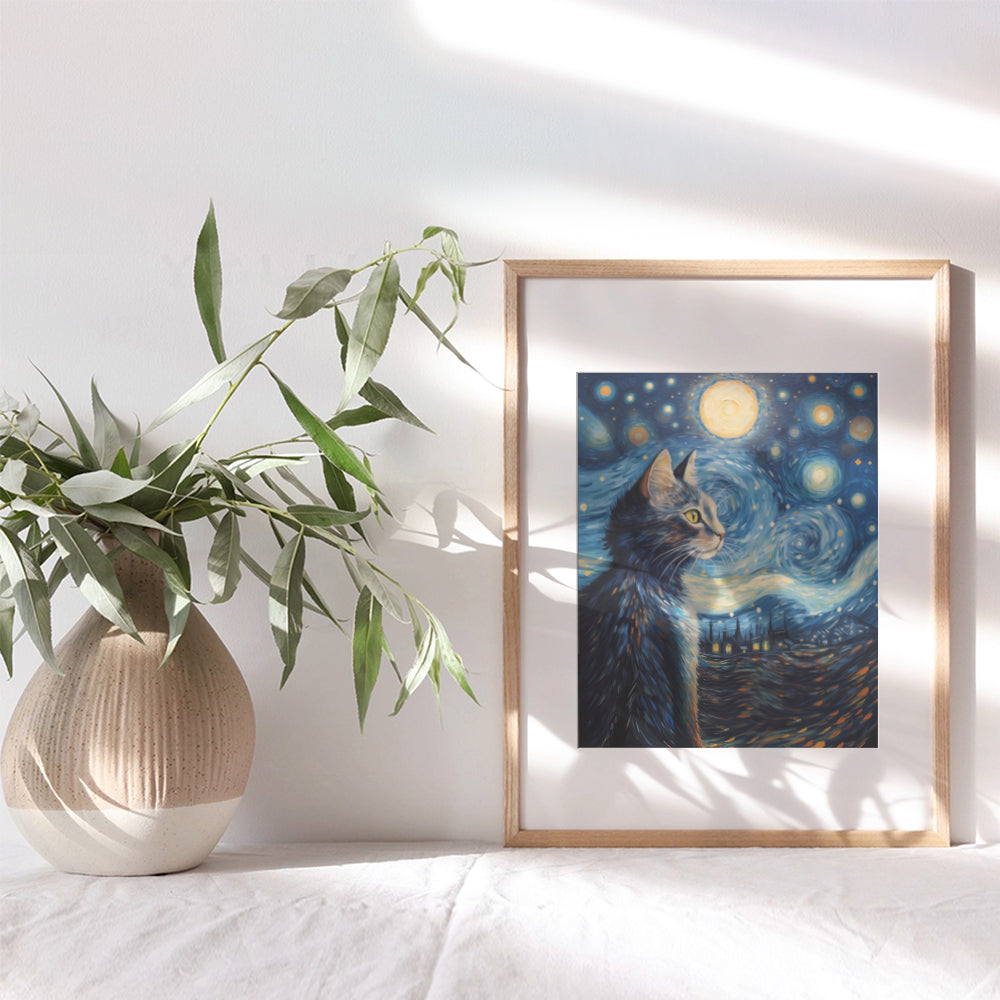 Black cat van Gogh Wall Art - Vincent van Gogh Starry Night - Cute Cat Wall Decor for Cat Mom - Cat Themed Gifts for Women - Cat Decor - Cat Stuff Cat Lover Gifts Cat Room Decor - van Gogh Poster