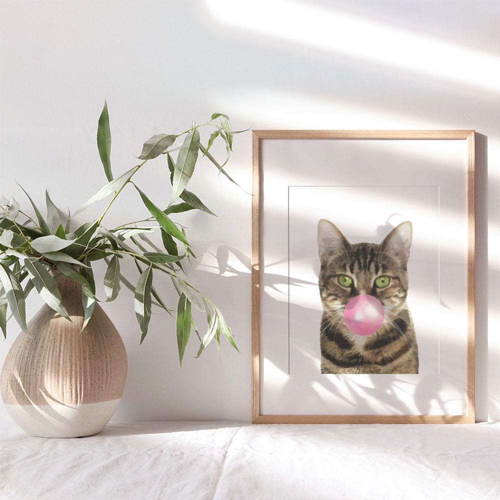 Tabby Cat Bubblegum - Funny Cat Home Decor - Cat Gifts for Women - Cat Wall Art - Cat Wall Decor - Cat Poster 8x10 - Cat Lover Gifts Wall Decor - Cat Themed Gifts - Kitty Cat Decorations