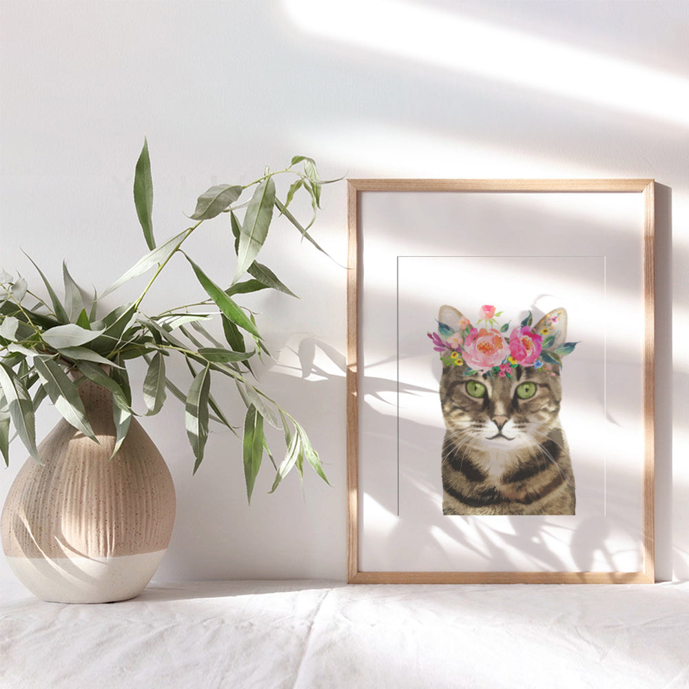 Tabby Cat Wall Art Decor - Kitten, Kitty, Cat Lover Gifts for Women - Cute Floral Wall Art Poster - Adorable Room Decoration for Girls Bedroom, Kids Room, Living Room, Baby Nursery