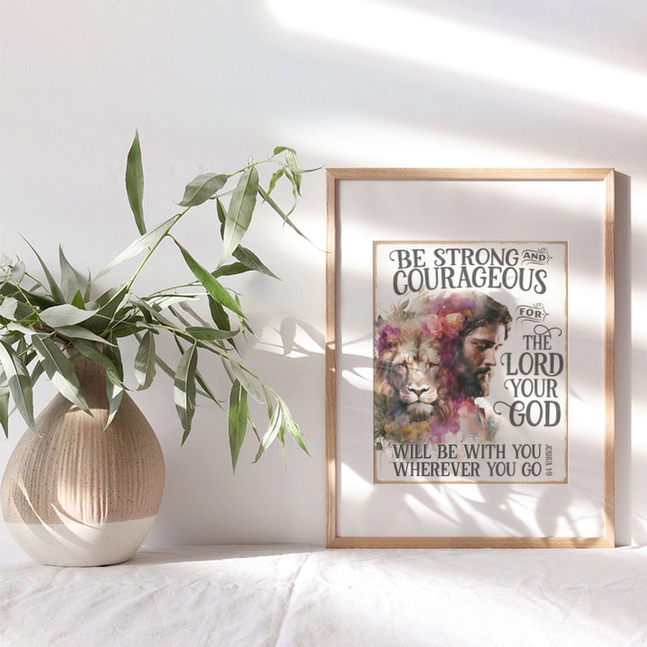 Christian Art Wall Decor for Men - Bible Scripture Gifts for Women, Man cave, Dining, Living Room, Kitchen - Be Strong and Courageous Wall Art - Lion Jesus Poster - Prayer, Psalm, Verse - Rustic Decor