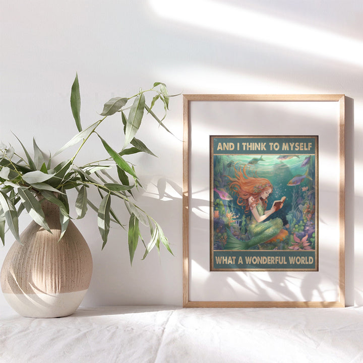 Mermaid Decor Wall Art for Girls - positive Quotes Wall Decor for Women, Teens - Ocean, Lake House, Beach, Coastal, Nautical Decor - And I Think to Myself What a Wonderful World - Inspirational quote