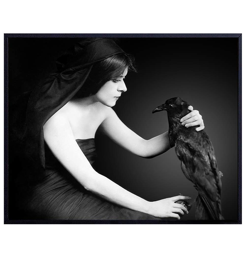 Goth Gothic Medieval Home Decor - Creepy Witch Black Raven Wall Art Picture Print - Gift for Occult Witchcraft Wicca, Vintage Hollywood Horror Movie Fans - 8x10 Photo