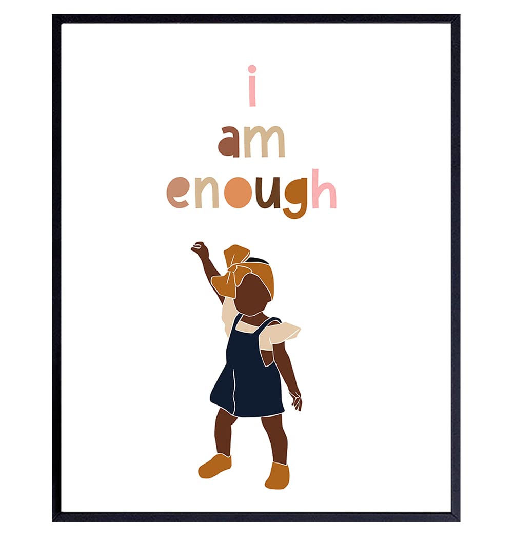 African American Girl Inspirational Quotes Wall Decor - I Am Enough - Encouraging Affirmation Wall Decor - African American Wall Decor - Black Wall Art - Little Girls Bedroom - Baby Nursery Decoration