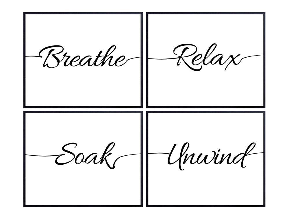 Zen Bathroom Wall Decor Art Print Typography Set - 8x10 Unframed Photos - Great Spiritual Housewarming Gift for Yoga Instructors, Studios, Meditation Fans - Inspirational Breathe, Relax, Soak, Unwind