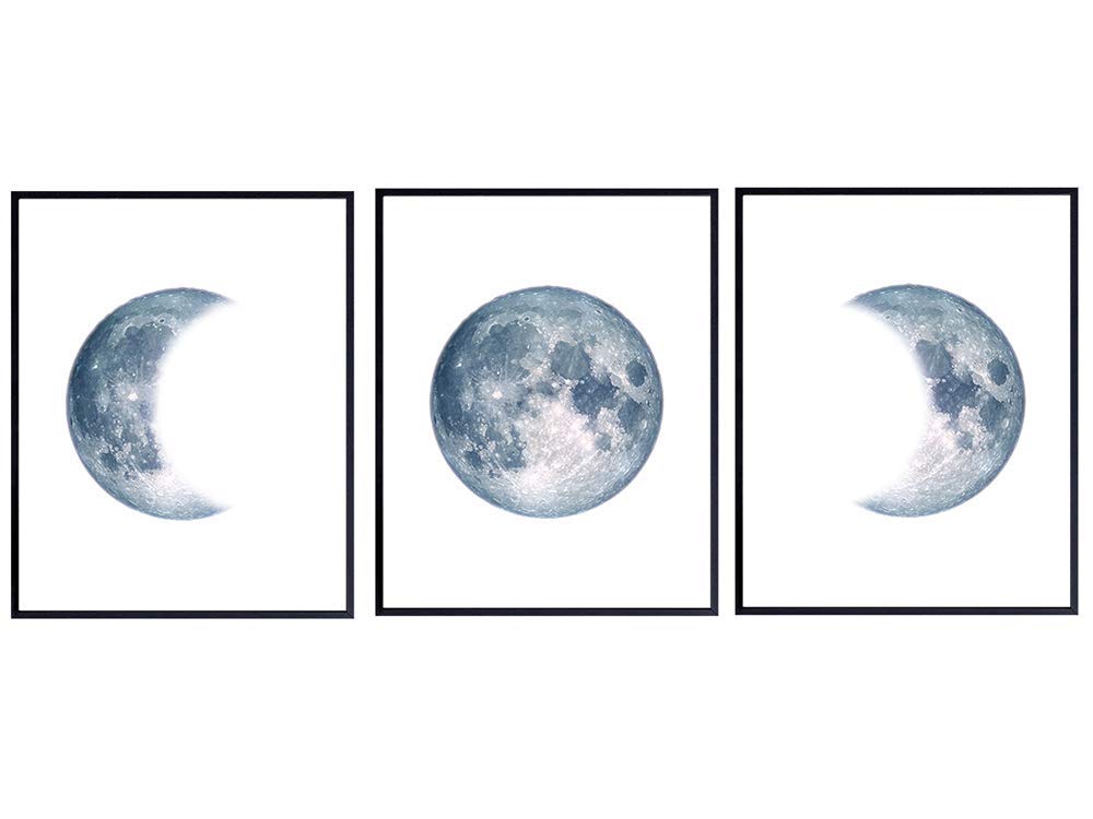 Moon Decor Wall Art Print Set - Lunar Phases Posters - Unique Home Decor for Bedroom, Bathroom, Kids Room, Office - Great Gift for Astronomy Enthusiasts - (Set of Three) 8x10 Photos Unframed