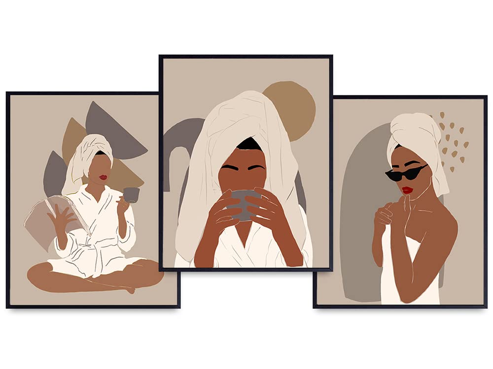 Aesthetic Minimalist Mid Century Modern Bathroom Decor Set - African American Wall Art - Spa Wall Decor - Afro Black Art for Guest Bath, Powder Room, Restroom Sign - Boho Bathroom Decor for Women
