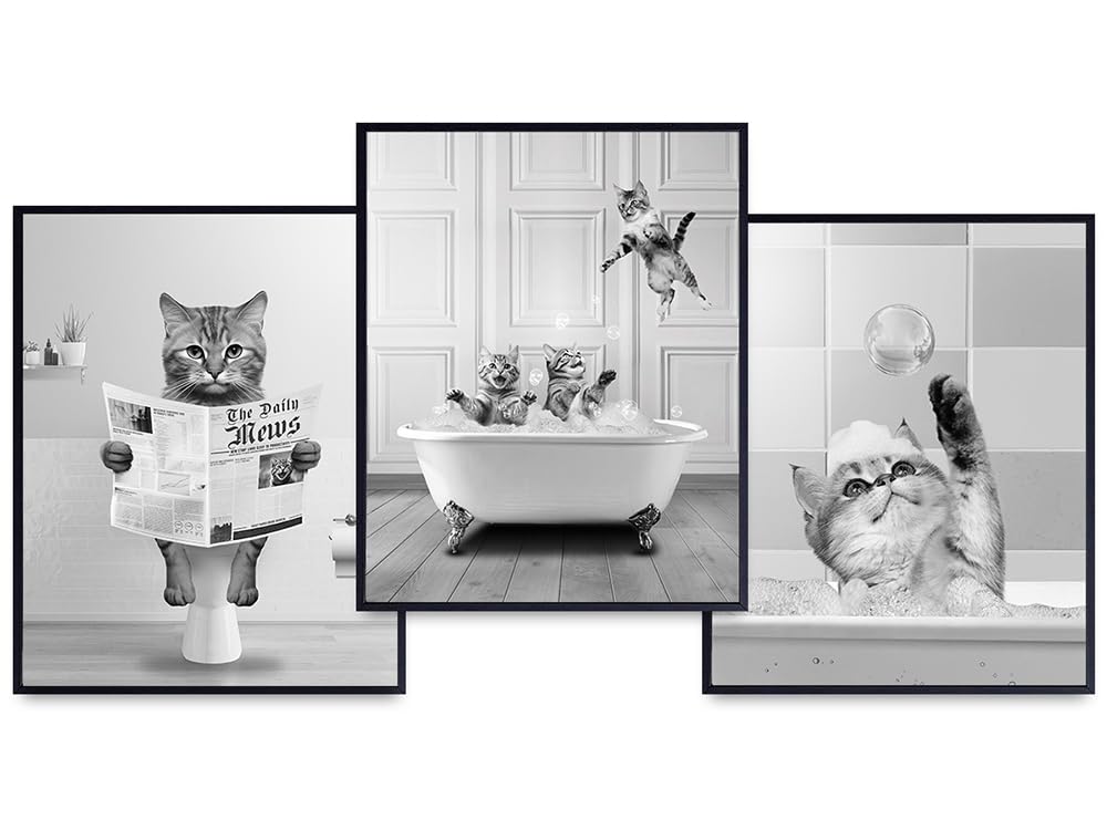 Cat Decor Bathroom Wall Art Collage - Cute Cat Gallery Wall Art - funny Cat Kids Bathroom Pictures - small Bathroom Wall Decor Set - Cat Lovers Bathroom Accessories - Cat Themed Cat Stuff for Women