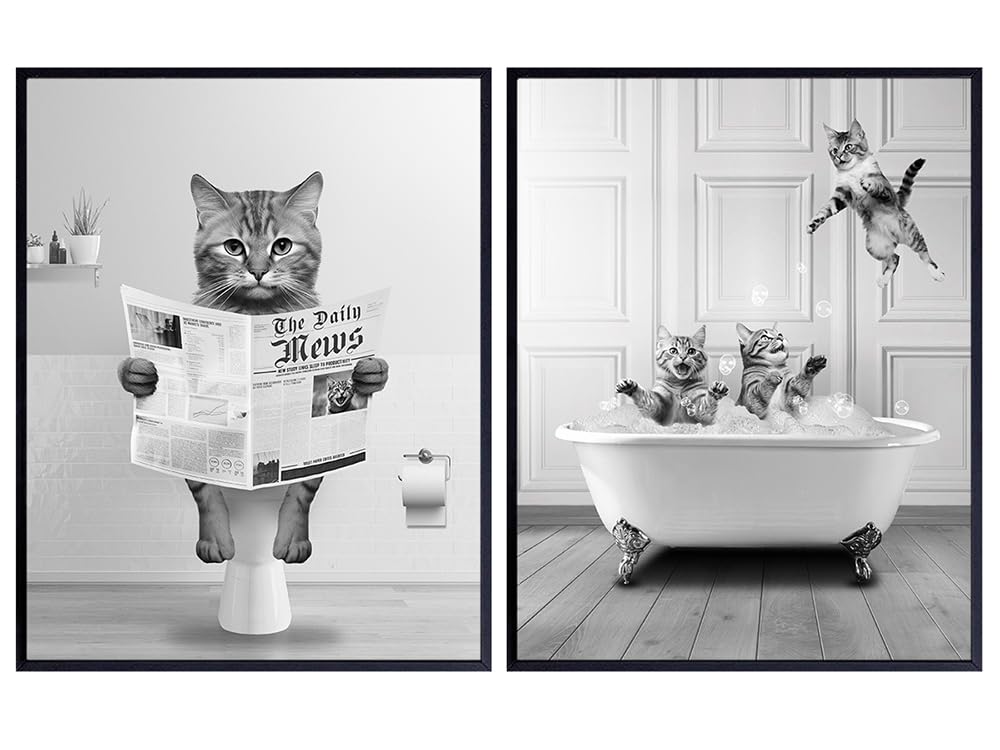 Cat Themed Wall Art &amp; Decor - Kids Bathroom Set - Cute Cat Lovers Gifts - Funny Bathroom Decor - Cat Poster Wall Collage - Bathroom Accessories for Men Women Girls Boys - Gray Bathroom Decor