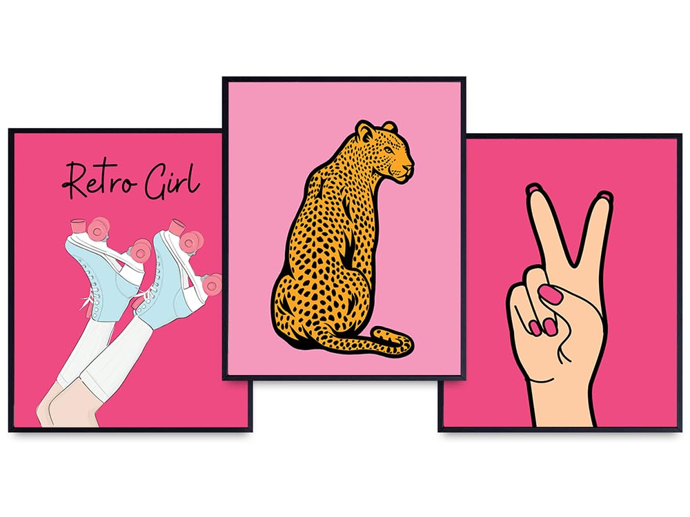 Preppy Wall Decor for Women - 70s 80s Girls Room Decor - Groovy Teen Girls Bedroom Decor - Vintage Retro style Funky Wall Art Set - Gallery Wall Art Gifts for Women, Tween Girls - Peace Sign Cheetah