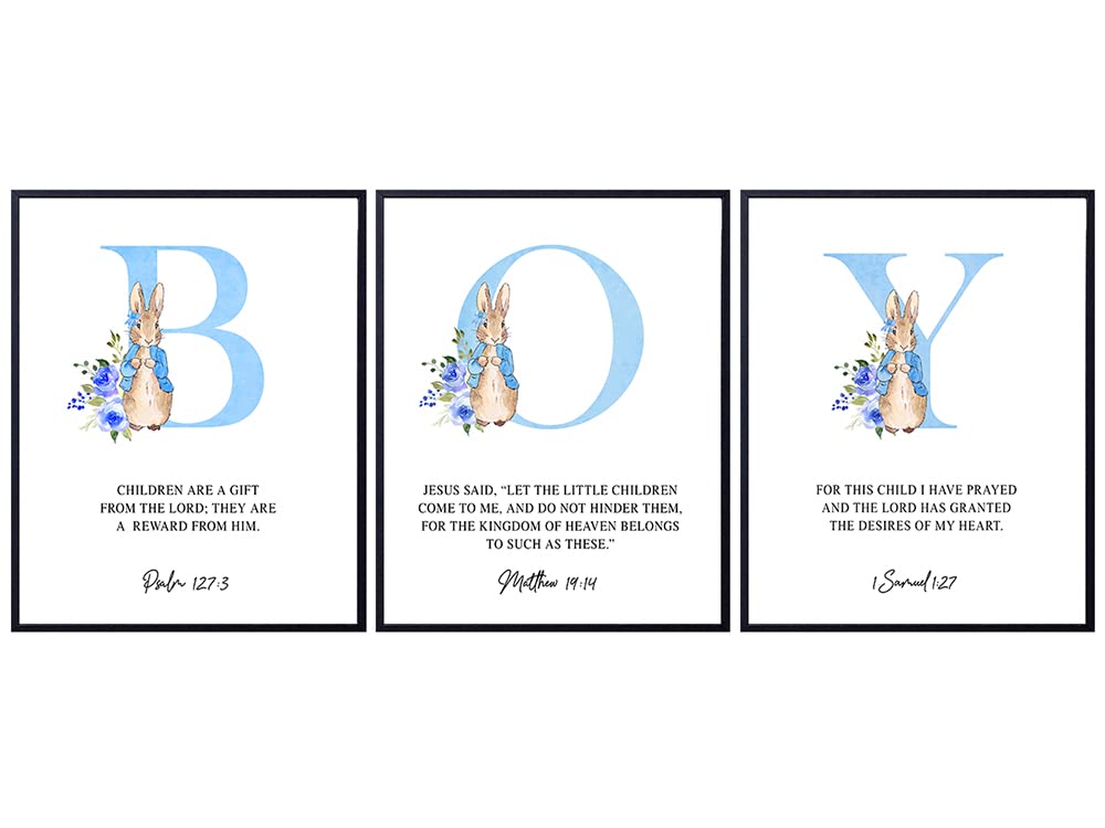Religious Christian Baby Boy Room Decor - Baby Boy Nursery Decor - Boys Wall Art - Scripture Wall Art - Bible Verses Wall Decor - Baby Shower Gifts - Toddler Boys Bedroom - Blue Peter Rabbit Decor