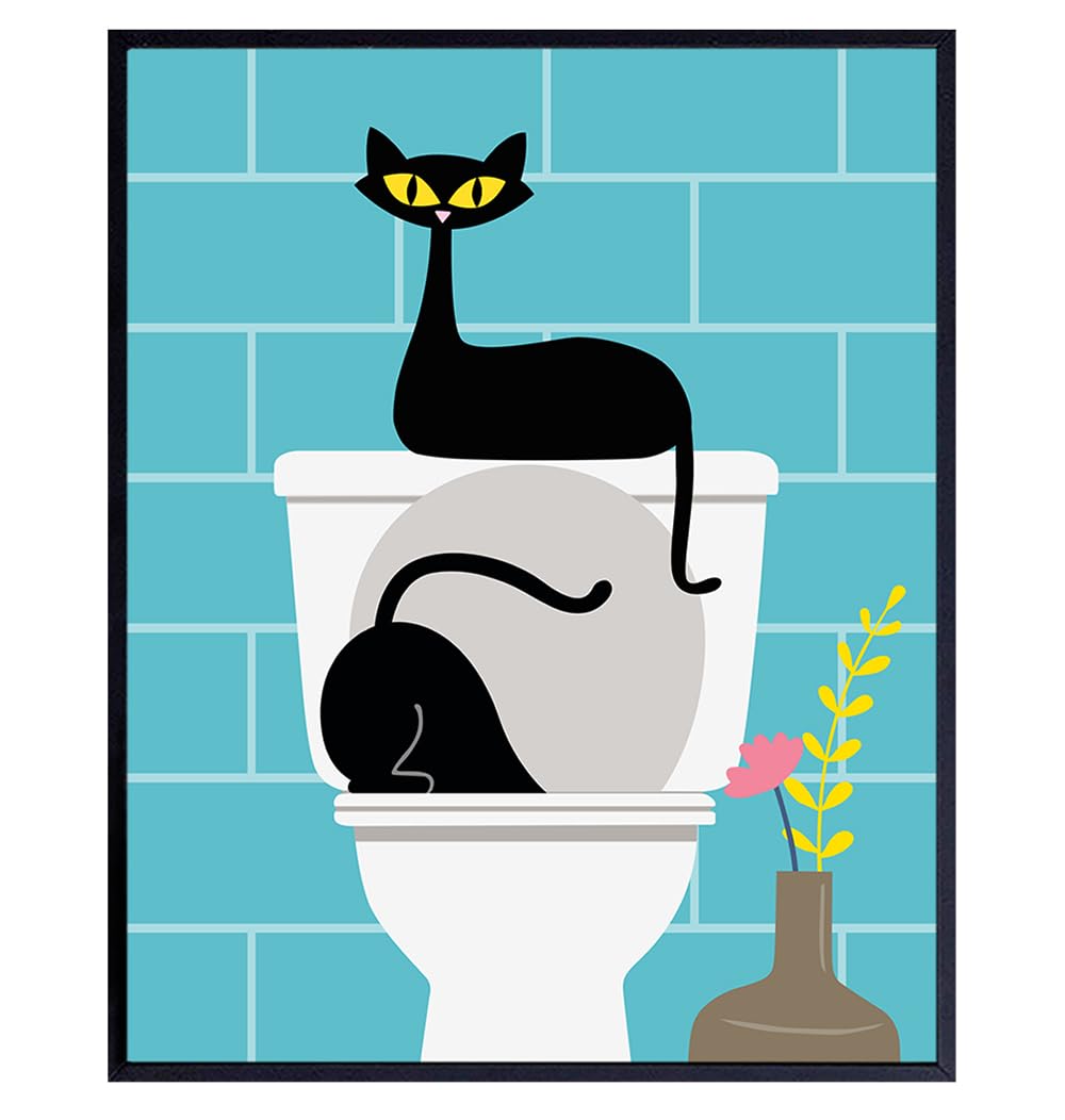 Mid-century modern Bathroom Wall Art - Minimalist Blue Bathroom Wall Decor - funny Retro Style Cat Lovers Bathroom Pictures - Cute Cat Wall Decor - Black cat Poster - Vintage Retro Minimalist Decor