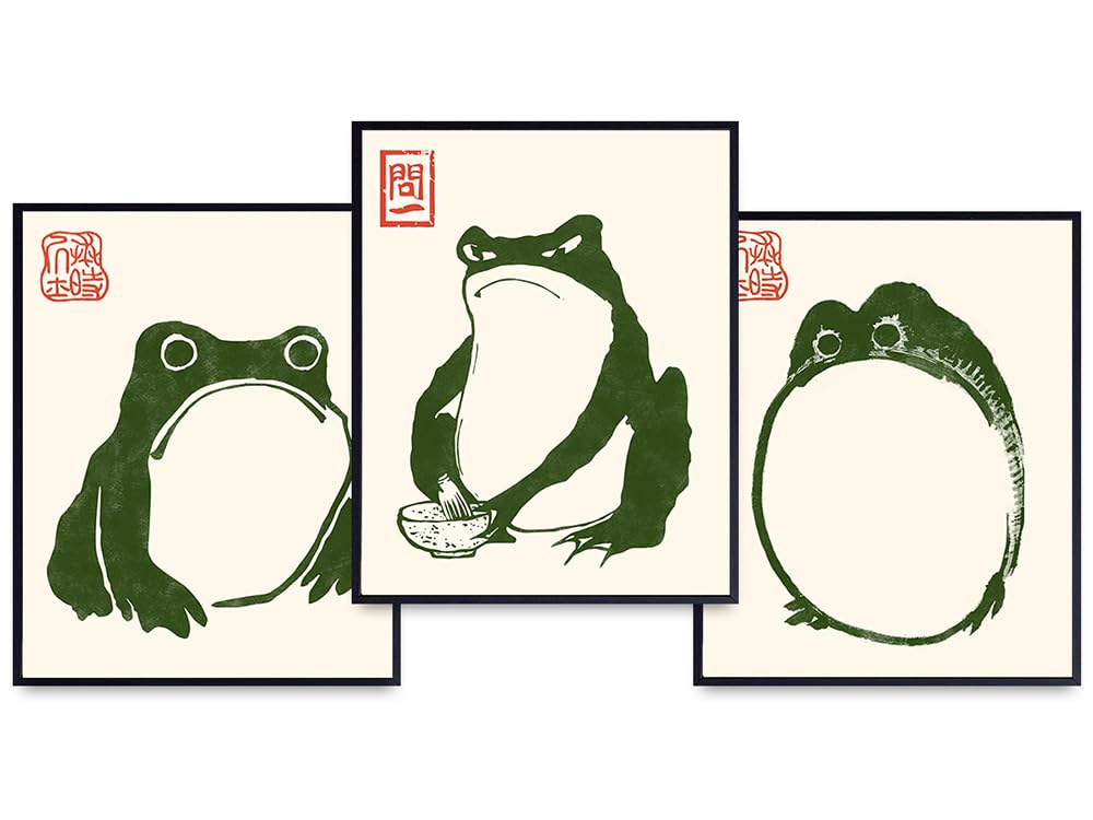 Japanese Frog Wall Art &amp; Decor - Wabi Sabi Home Decor - Matsumoto Hoji Collage Gallery Wall Art Set - Japandi Home Decor Poster - Ukiyo-e Wall Art - Vintage Retro style Japan Wall Decor - Frog Decor