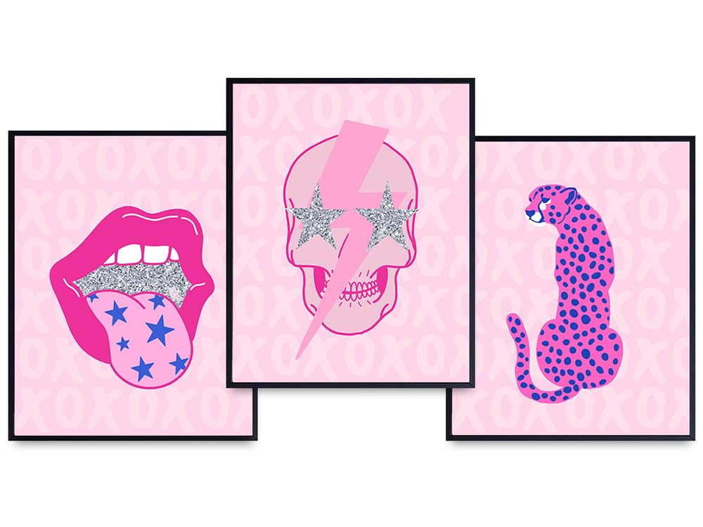 Skull Cheetah Leopard Lips Pop art Wall Art - Retro style Indie Room Decor - Preppy Room Decor - Wall Decor Aesthetic - Hipster Indie Room Decor - Pink Modern art Bedroom Living room Poster Set 8x10