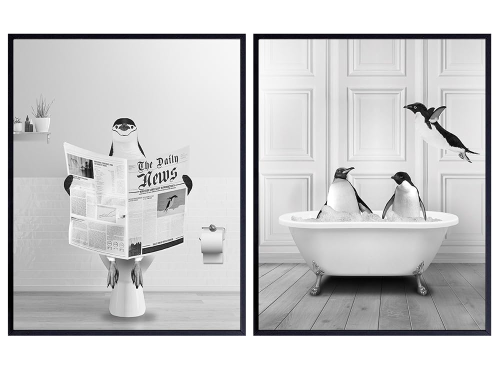 Penguin Bathroom Wall Art &amp; Decor - Funny Bathroom Set - Gray Bathroom Decor for Kids Boys Men Women - Black and White Bathroom - Fun Bathroom Decor Aesthetic - Half Bath Decor - Bathroom Pictures