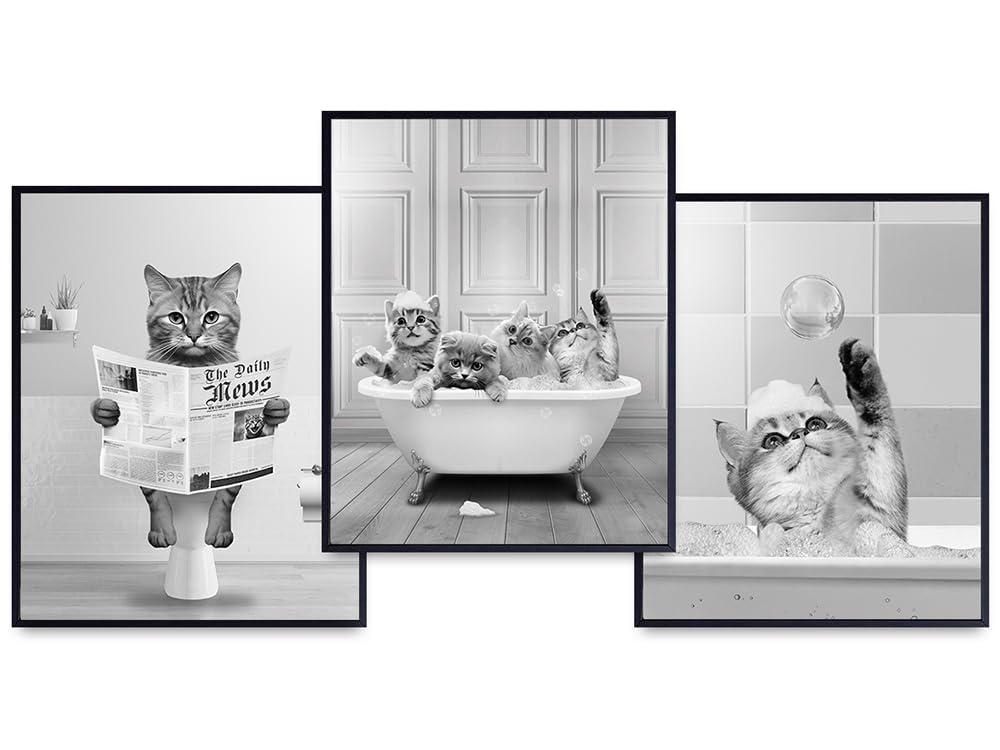 Kids Cat Bathroom Wall Art &amp; Decor - Cute Cat Bathroom Pictures for Women - small Bathroom Decor - funny Cat Modern Bathroom Set - Bathroom Decorations - Bathroom Signs - Trendy Cat Wall Art Posters