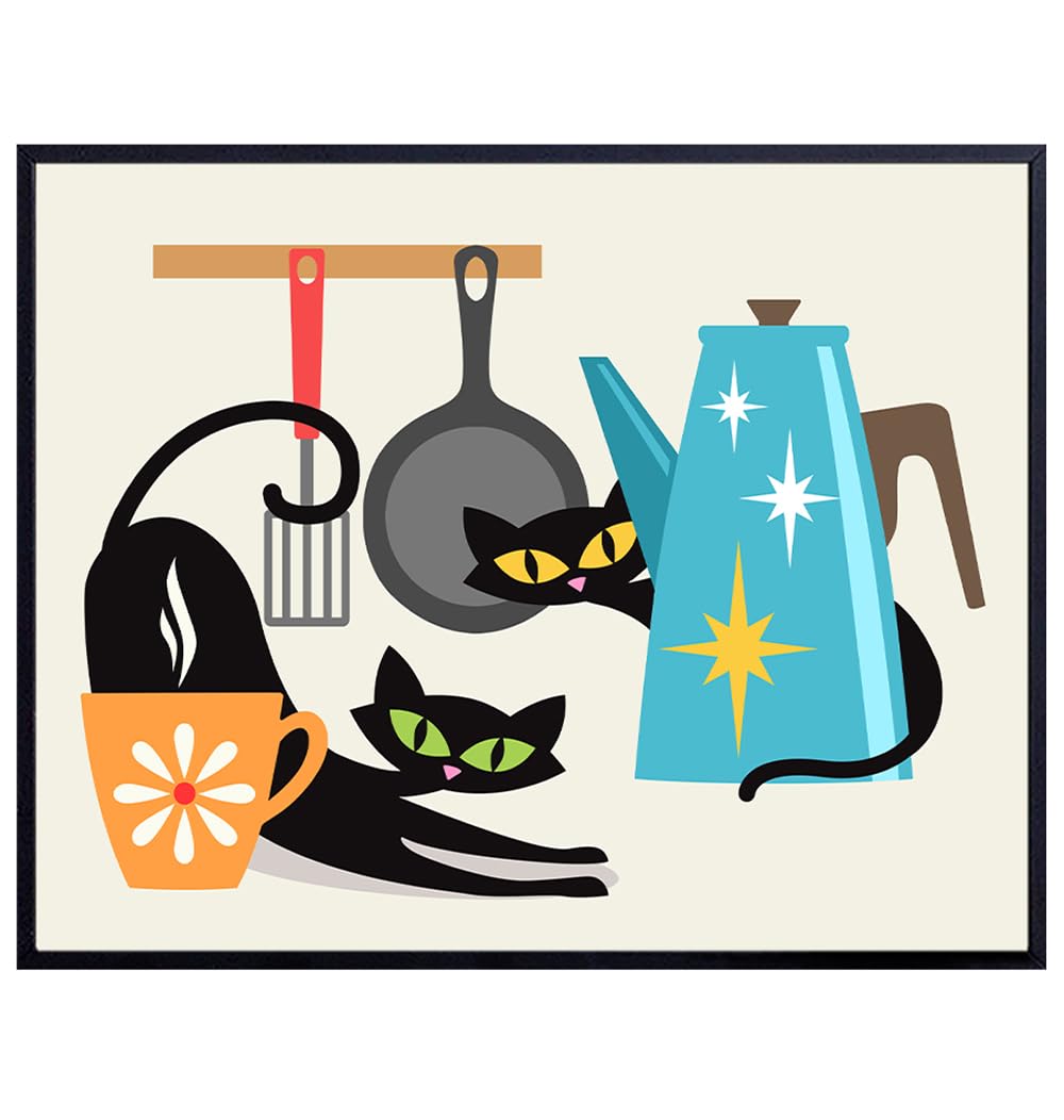 Mid-century modern Dining room Decor - Cute Cat Wall Art &amp; Decor - Kitchen Wall Decor - Minimalist Wall Decor - funny Cat Wall Decor - Retro Mid Century Modern Wall Decor - Cafe Restaurant Coffee Shop