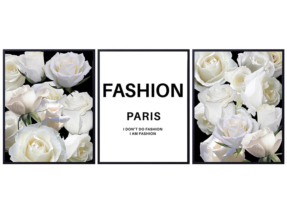 Fashion Quotes Set - Chic Modern Fashion design Home Decor for Bedroom, Living room, Bathroom, Office - Glam Wall Art Decor - Luxury Gift for Woman - Elegant White Roses - Designer Art print Set
