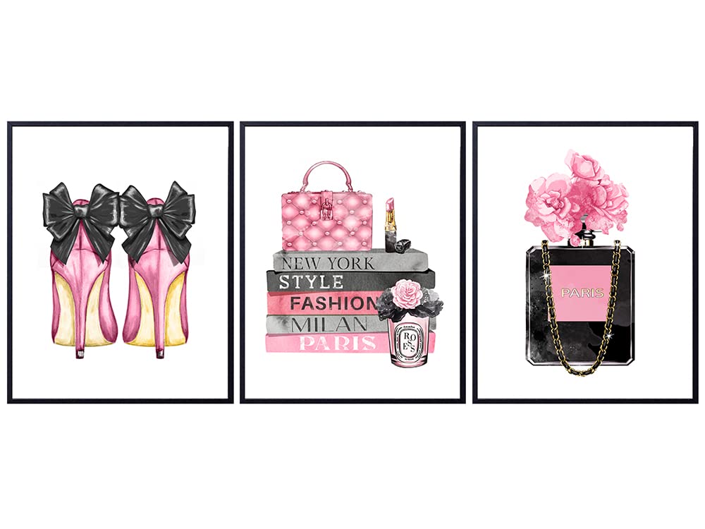 Glam Designer Perfume, Shoes, Handbags Wall Decor - Cute Gift for Fashionista - High Fashion Luxury Couture Wall Art Poster Set for Women, Teens, Girls Bedroom