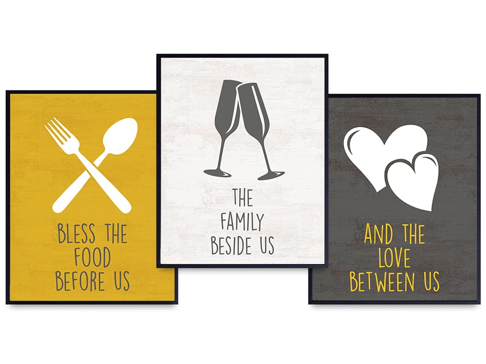 Kitchen Decor, Cafe Wall Art, Dining Room, Restaurant Decor - Inspirational Home Decoration Set - Christian Religious Room Decor or Gift for Cook, Chef, Gourmet - Yellow Bless the Food Before Us Sign
