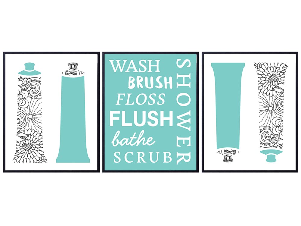 Bathroom Wall Art Prints - Set of Three - Great For Restrooms, Home Decor or Gifts - Ready to Frame (8X10) Photos - Wash, Brush, Floss, Flush, Shower