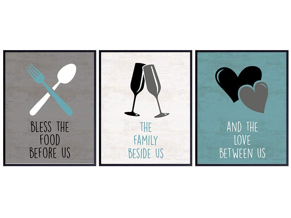 Bless the Food Before Us Sign - Kitchen Decor - Dining Room Decor - Cafe Wall Art Set - Religious Blue Floral Decoration Poster Prints -Unique Shabby Chic Gift for Restaurant, Cook, Chef, Gourmet 8x10