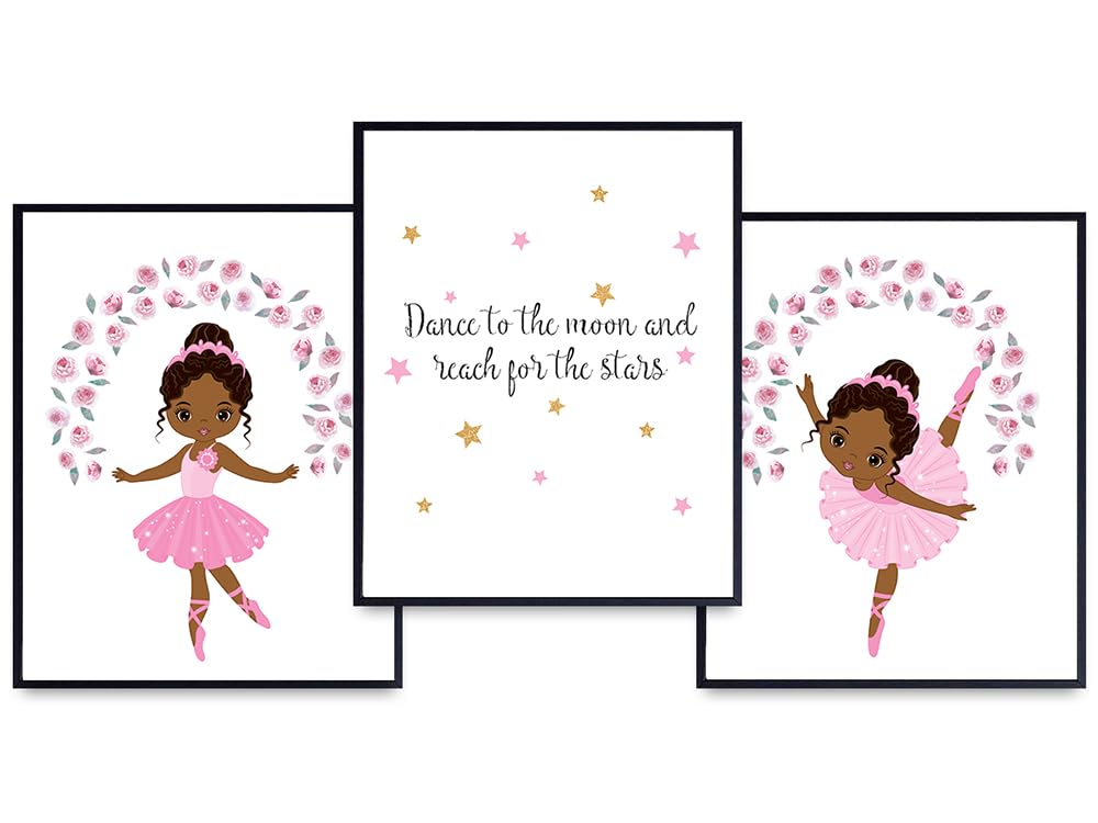 Black Girl African American Girl Art - Toddler Room Decor - Pink Little Girls Room Decor - Dance Wall Decor, Nursery Wall Decor - Princess Ballerina Wall Decor - Preschool Classroom Decor Wall Art Set