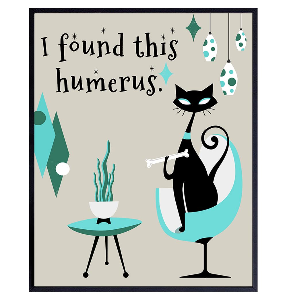 Mid-century modern Cat Wall Art - Turquoise Minimalism Aesthetics Wall Art &amp; Decor Poster - Cute Funny Cat decoration - Retro Preppy Style Living room Bedroom Art - Cat Gifts for Women Cat Lovers Men
