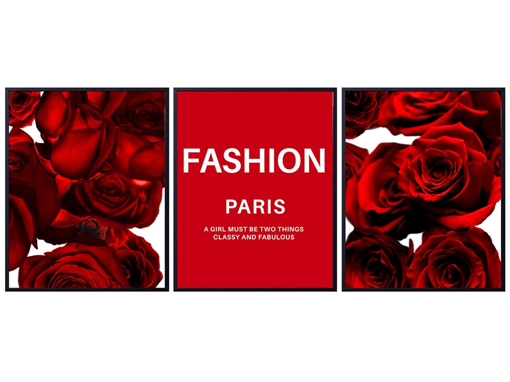 Quotes Wall Art - Glam Wall Decor 3 print Set - Chic Modern Fashion design - Elegant Home Decor for Bedroom, Living room, Bathroom, Office - Luxury Gift for Woman, Fashionista - Red Roses Set