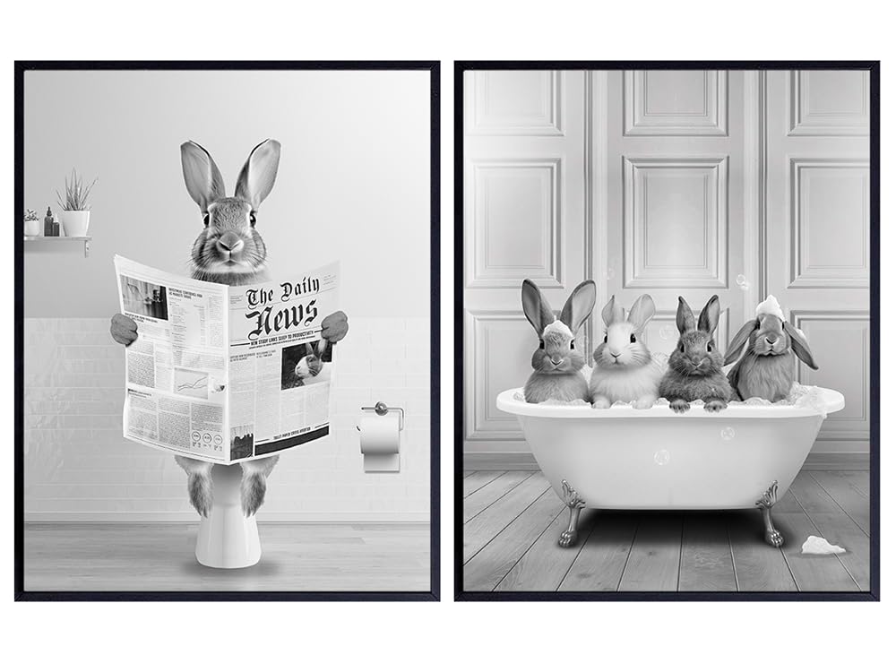 Bunny Rabbit Wall Art &amp; Decor - Cute Bathroom Decor for Girls, Women - Kids Bathroom Pictures - small Bathroom Set - Baby Bathroom Pictures - Bath Wall Art - Modern Bathroom Art - Fun Bathroom Decor