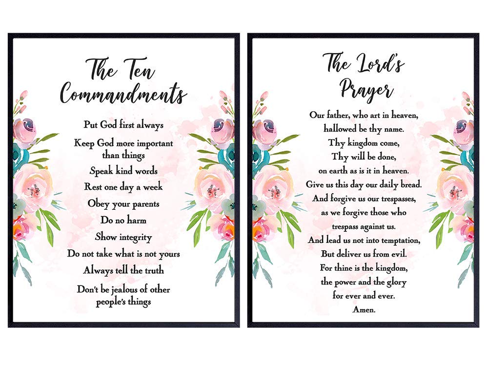 The Ten Commandments Wall Decor - Lords Prayer Wall Art - Religious Scripture, Bible Verse Decoration - Inspirational Quotes - Girls Room Wall Decor - Catholic Christian Gift for Women, Pastor, Girls