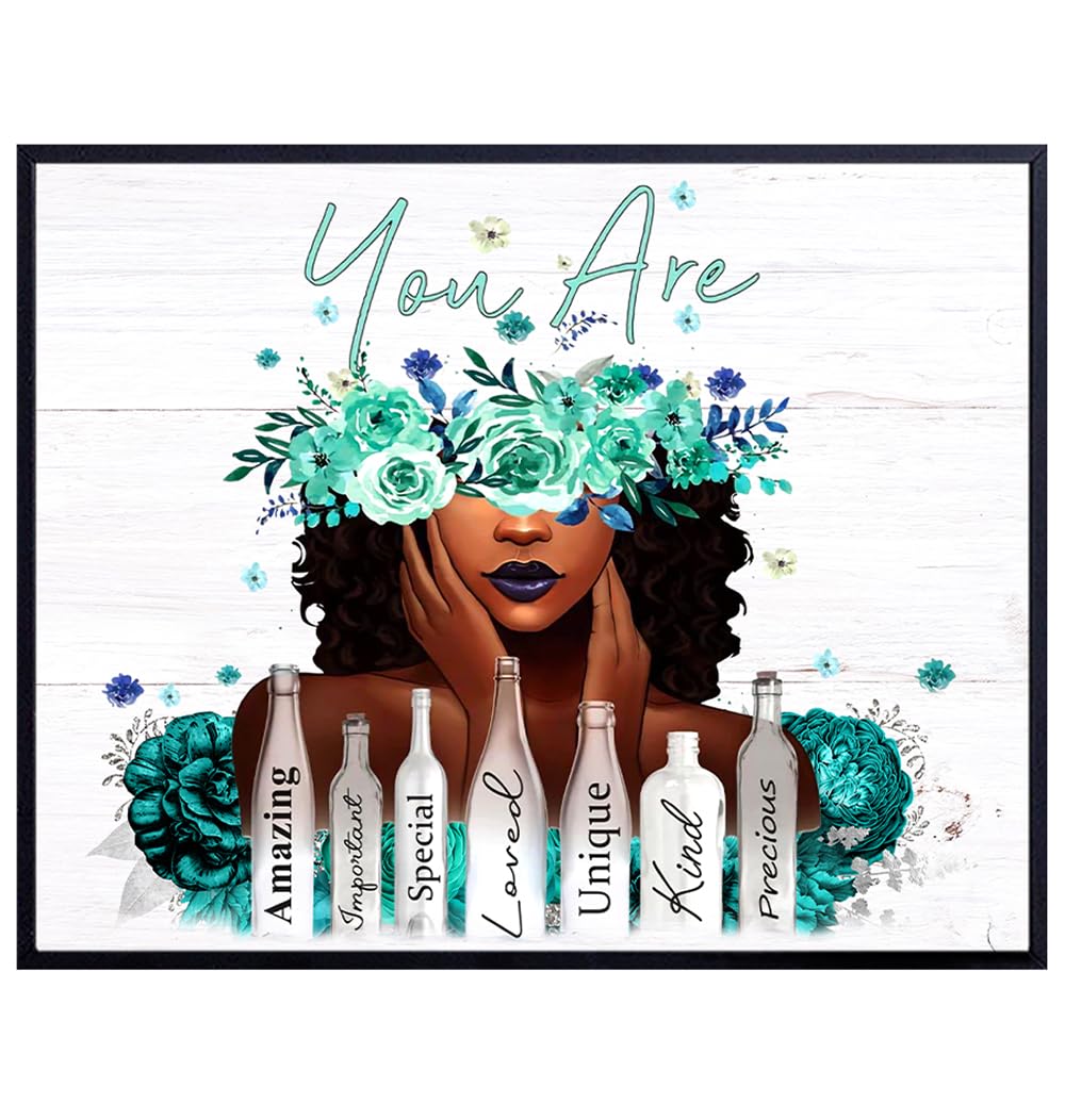 Black Women positive Affirmations Wall Decor - African American Decor - Black Girl Wall Art - Teal Bedroom Decor - Inspirational Posters - Motivational Quotes - I Am Afro American Wall Art - UNFRAMED