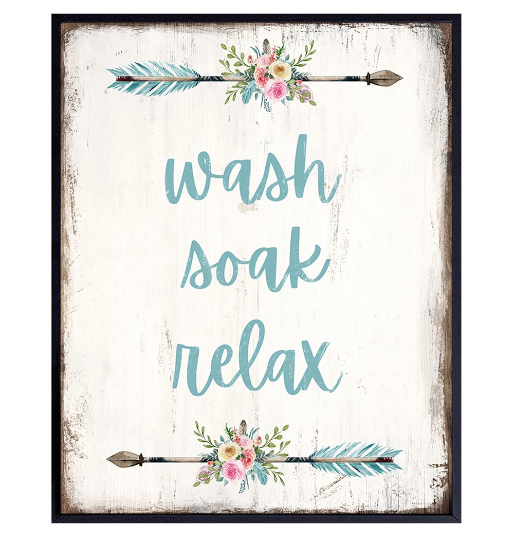 Boho Bathroom Decor - Shabby Chic Bathroom Decor - Farmhouse Bathroom Decorations - Bathroom Wall Art - Restroom Sign - Rustic Powder Room, Guest Bath Wall Decor - Blue Bathroom Decor for Women