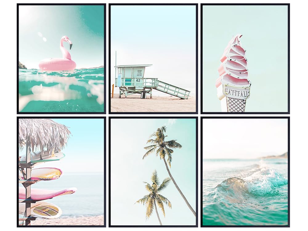 Tropical Ocean Wall Art 11x14 - nautical Beach house Decor, Flamingo, Palm Tree, Wave Poster Prints - Pastel Colors Coastal Living room Decoration, Summer Beach Theme Bedroom Decor - Sea Wall Art