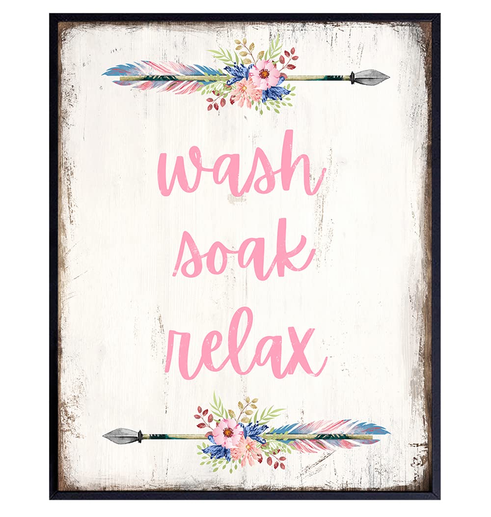 Bathroom Wall Decor - Boho Bathroom Wall Art - Farmhouse Bathroom Decor - Pink Bathroom Decor for Women - Shabby Chic Bathroom Decorations - Restroom Sign - Rustic Guest Bath Wall Decor - Powder Room