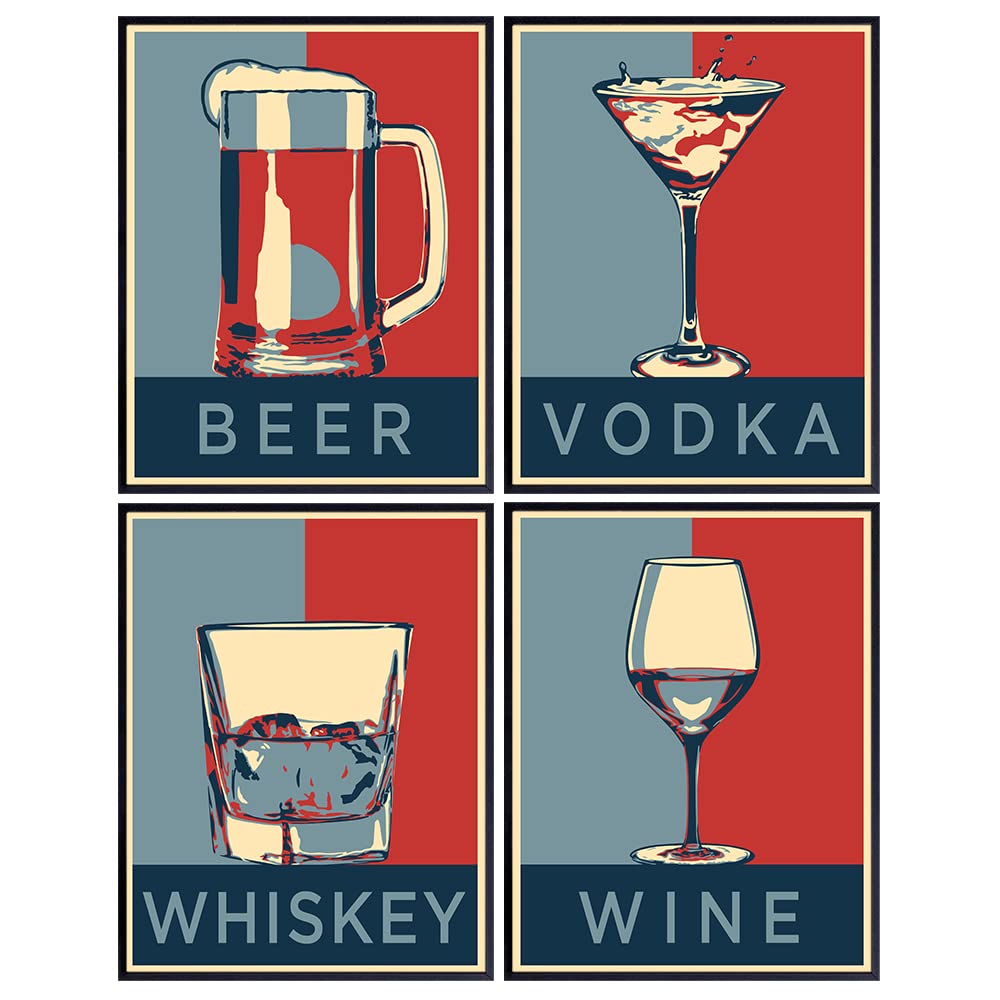 Wine, Whiskey, Beer, Vodka - Unframed Wall Decor for Bar, Kitchen - 8x10 Poster Prints, Alcoholic Drinks, Beverages Wall Art Home Decoration - Gift for Home Brewers, Men