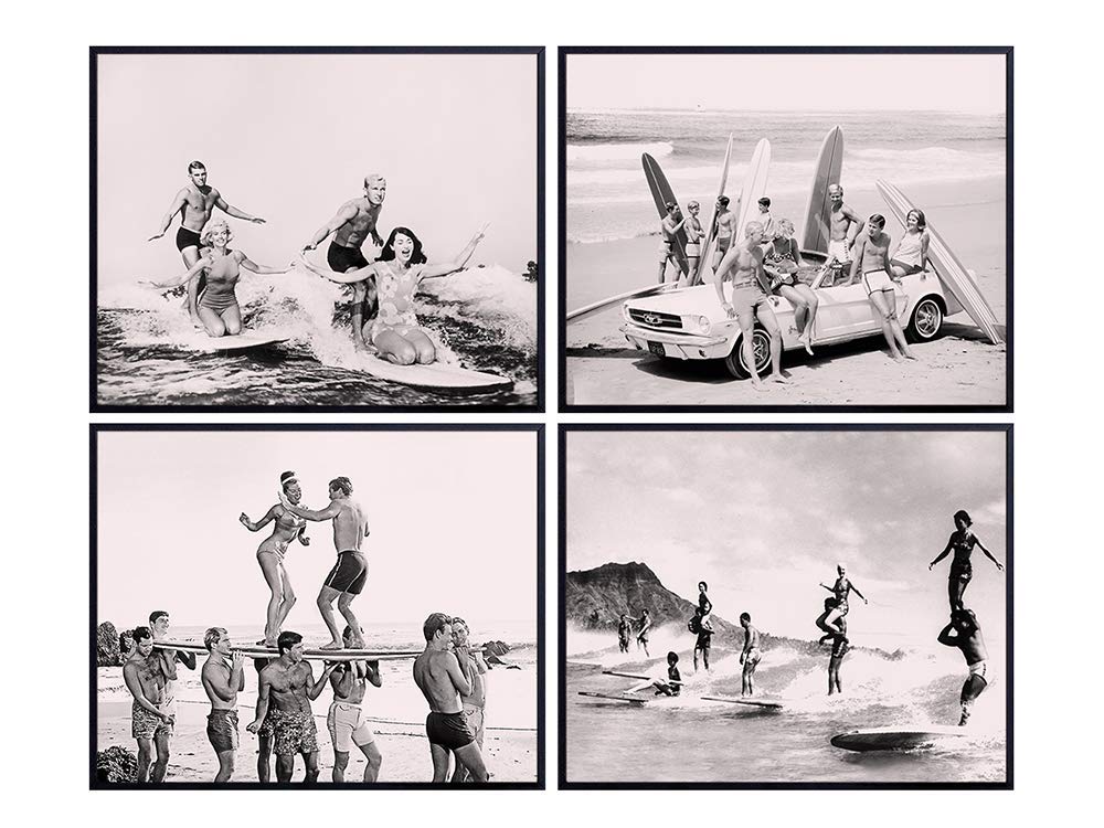 Vintage Surf Party, Surfing Photo Set - Beach Ocean Wall Decor - Coastal Wall Art for Bathroom, Beach House, Living Room, Bedroom - Tropical Summer Room Decorations or Unique Gift for Sea Lovers