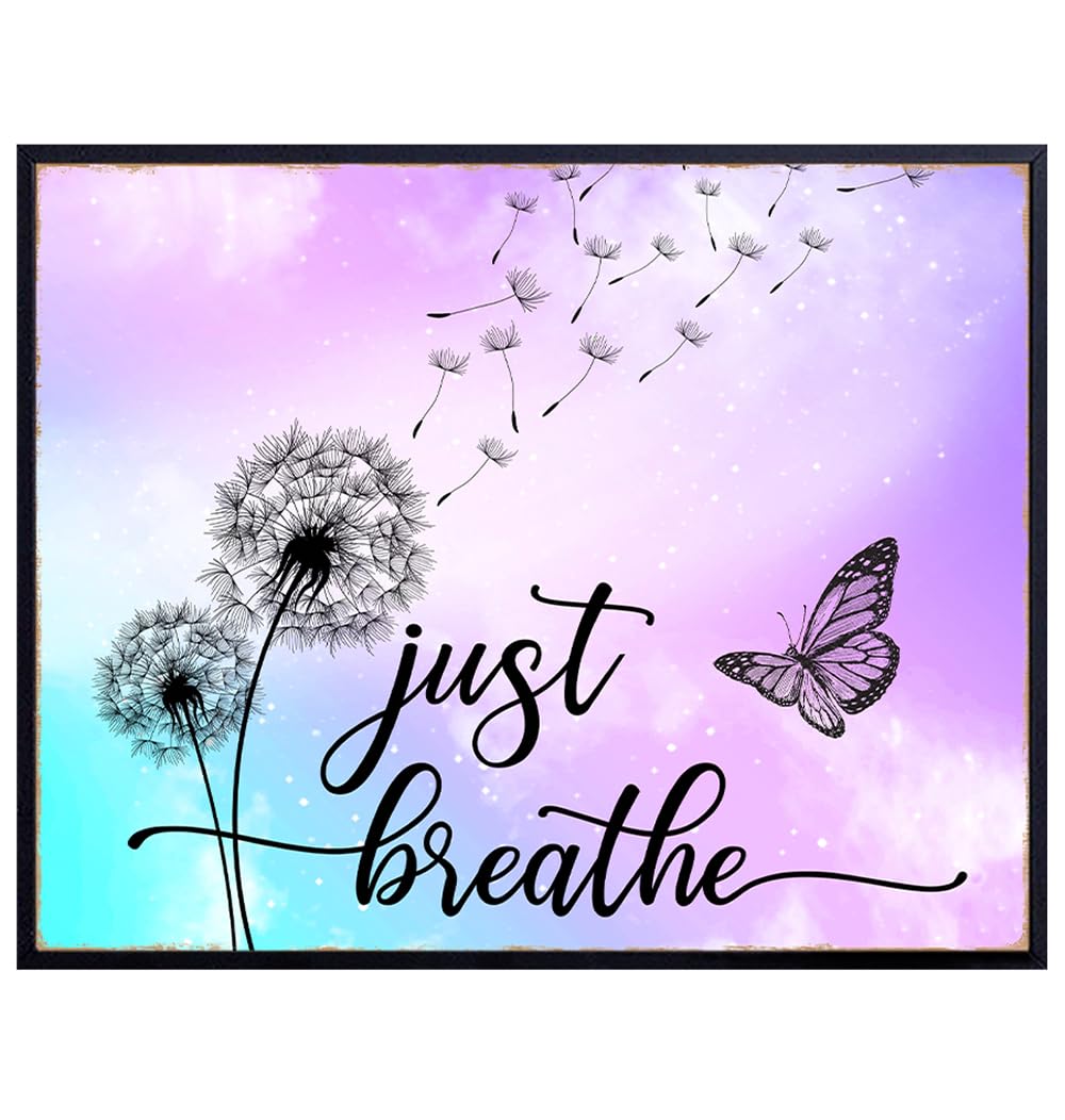 Just Breathe Wall Art - positive Quotes Purple Office Wall Decor for Women - Farmhouse Bedroom Inspirational Wall Decor - Motivational Wall Decor Shabby Chic Art - Zen Spa Wall Art, Butterfly Wall Art