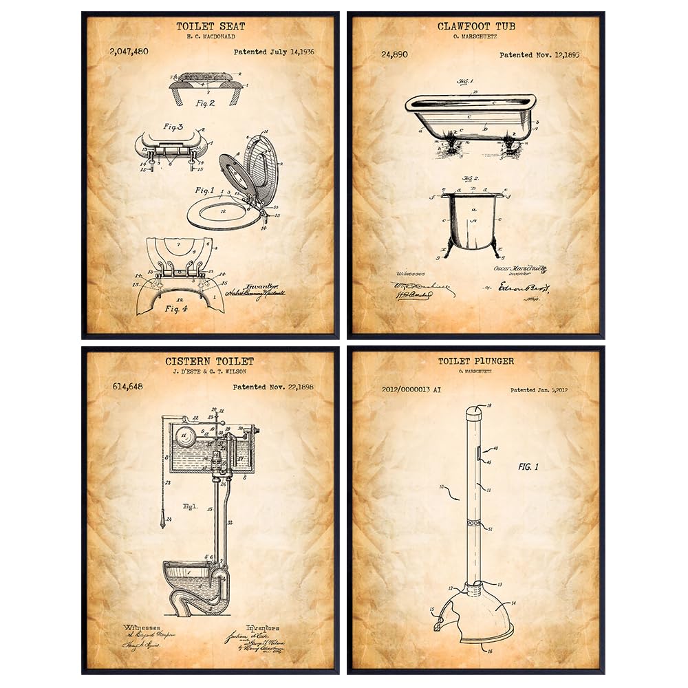 Bathroom Decor, Patent Prints - Vintage Unframed Wall Art Prints - Set of Four - Great For Restrooms, Home Decor or Gifts - Ready to Frame (8X10) Photos