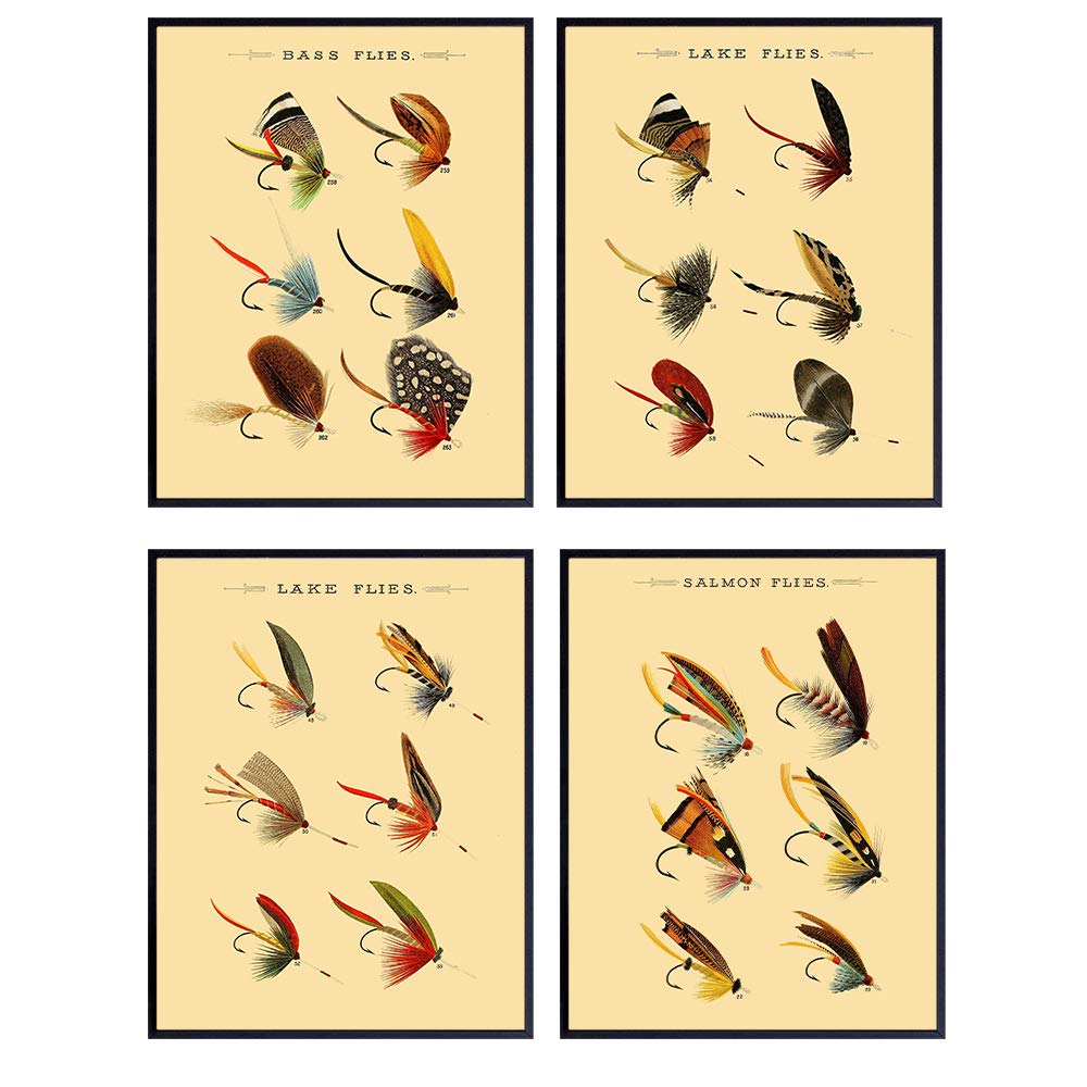 Vintage Lures Wall Art Prints - Set of Four (8X10) Unframed Photos - Makes a Great Gift For Fly Fisherman and Lake or Beach House Decor