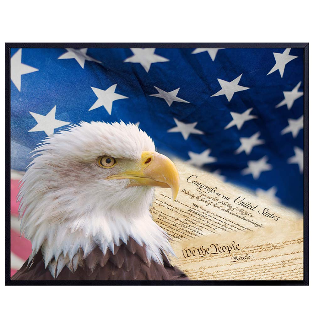 Patriotic American Flag Poster - 8x10 Eagle on Constitution Wall Art Print - Proud Home Decor - Great Gift for Military Veterans and 4th of July - UNFRAMED