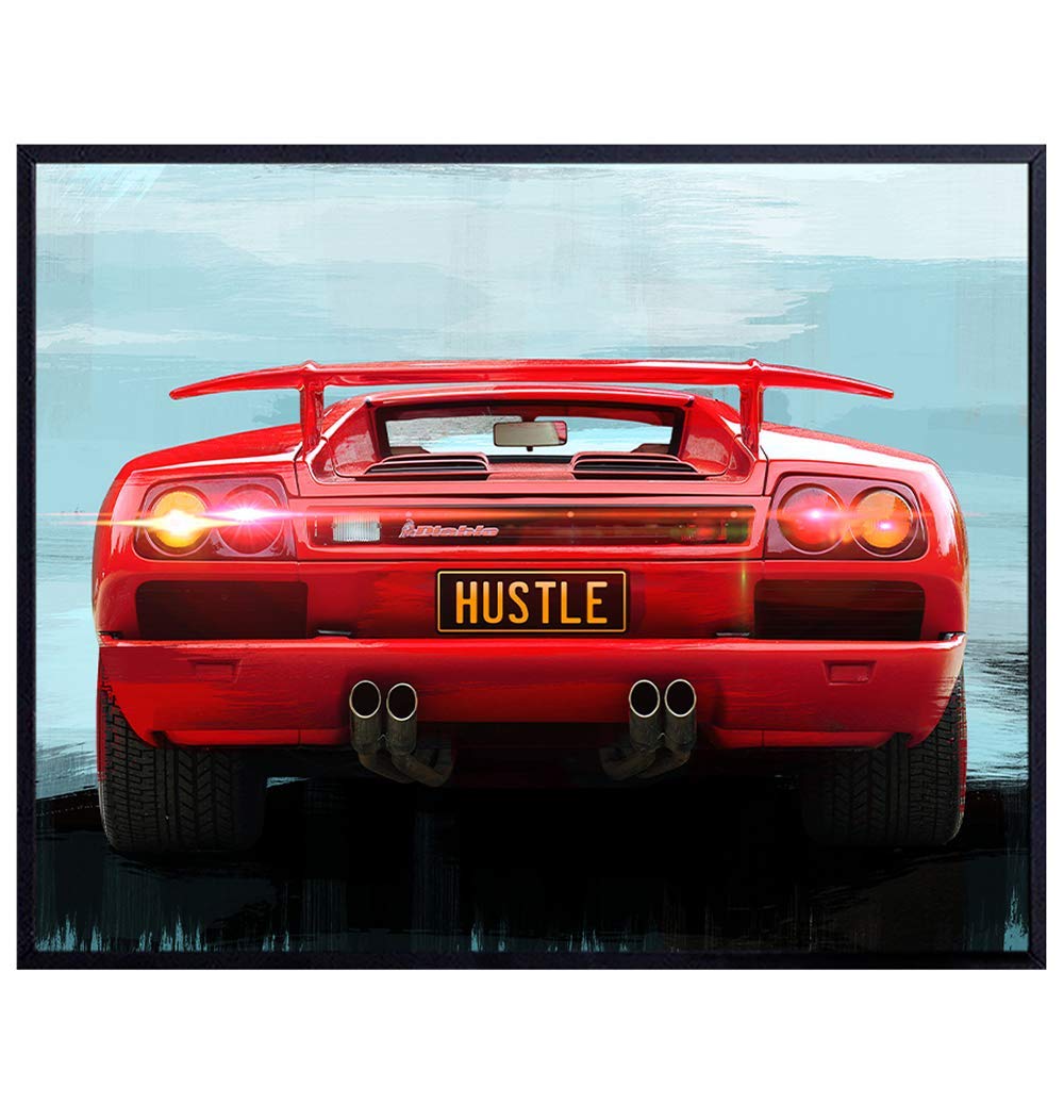 Motivational Wall Art - Lamborghini Poster - Hustle Wall Art - Home Office Decor - Lambo Poster - Cool Unique Gift for Men, Boys, Grand Prix, Nascar Fan - Sports Bar, Garage Wall Art Decor - 8x10