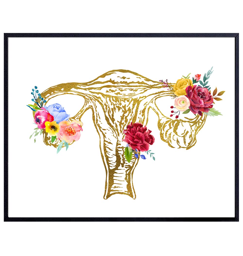 Female Anatomy Fertility Wall Art - Unique Gift for Women, OBGYN, Gynecology, IVF Doctors Office - Floral Uterus Picture Print - Home Decor for Apartment, Medical Clinic - Gold