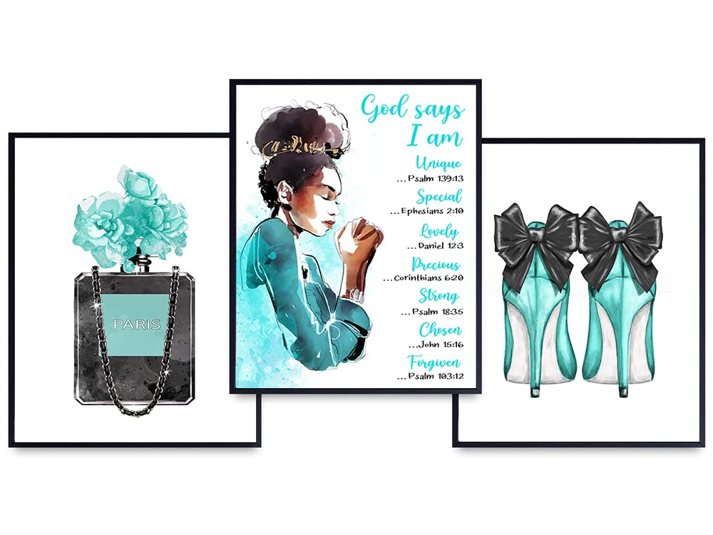 Inspirational African American Women Bible Verses - Black Art - Religious Christian Scripture Positive Encouragement Gifts - Light Blue Motivational Glam Designer Fashion Wall Decor Poster for Girls
