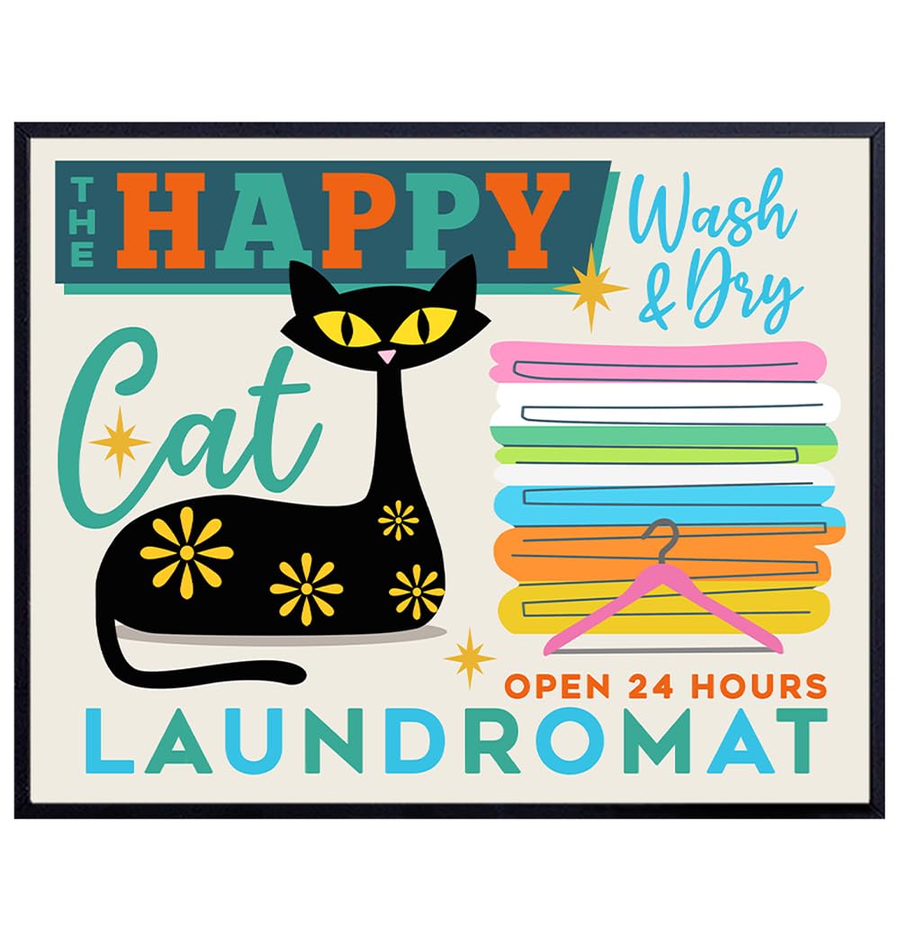 Mid Century Laundry room Decorations - Laundry room Wall Decor, Cute Cat Wall Art - funny Mid-century modern Black cat Decor - Minimalist Cat Wall Decor - Vintage Retro Wall Decor - Cat Decorations