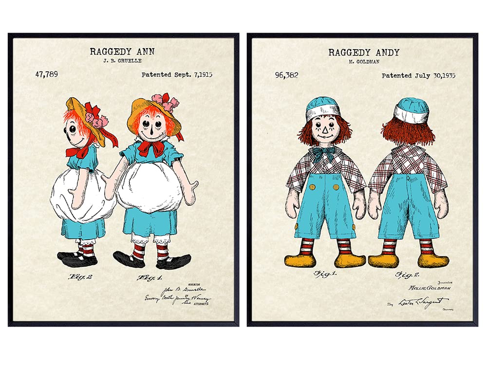 Raggedy Ann &amp; Raggedy Andy Patent - Unframed Wall Art Prints - Perfect Gift For Fans - Great Home Decor - Beautiful Girls or Boys Bedroom, Nursery Display - Ready to Frame (8x10) Vintage Photos