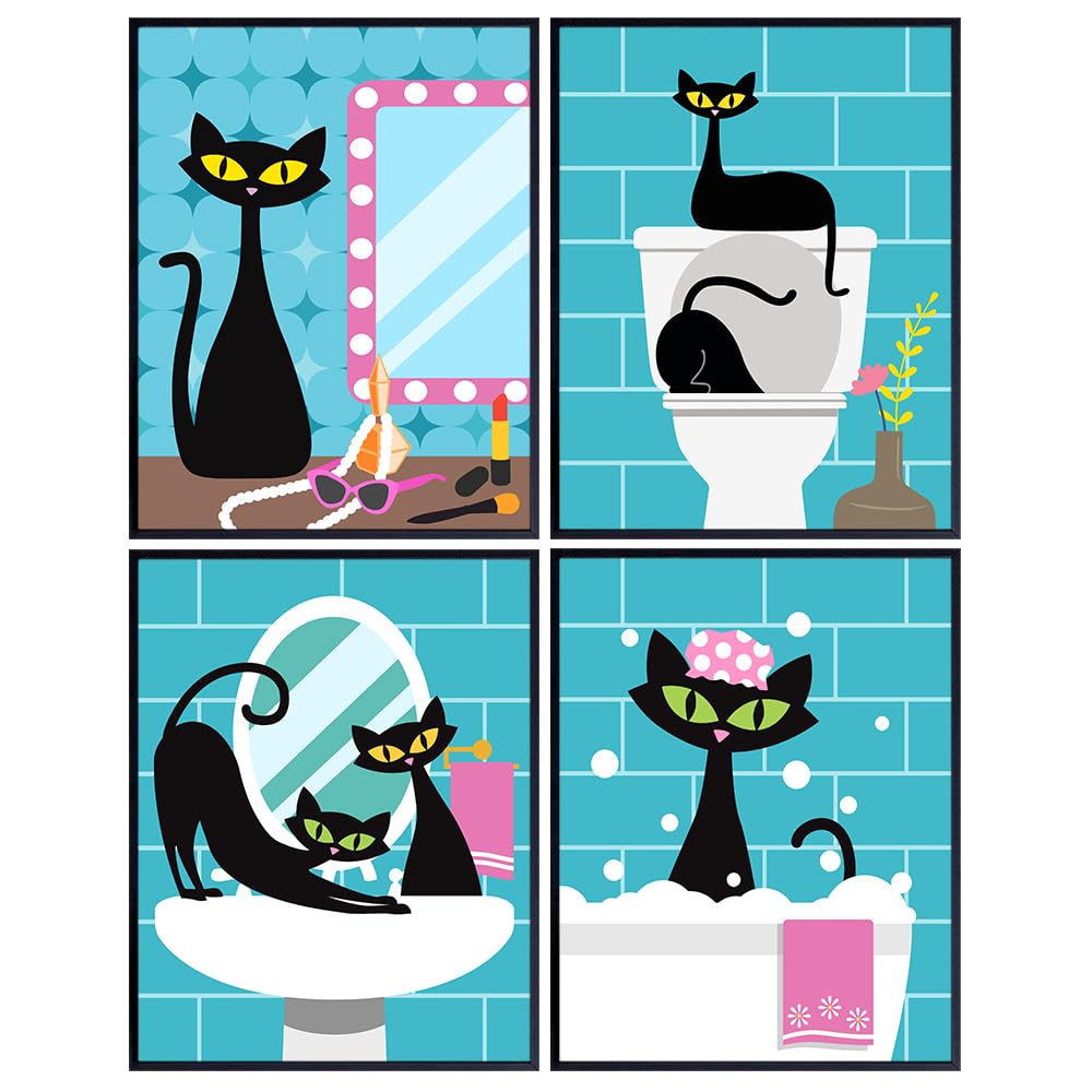 Mid Century Modern Bathroom Accessories - Black Cat Bathroom Wall Art &amp; Decor - Blue Bathroom Decor - Cute small Bathroom Pictures - Teal Bathroom Set - funny Bathroom Decorations - Restroom Sign