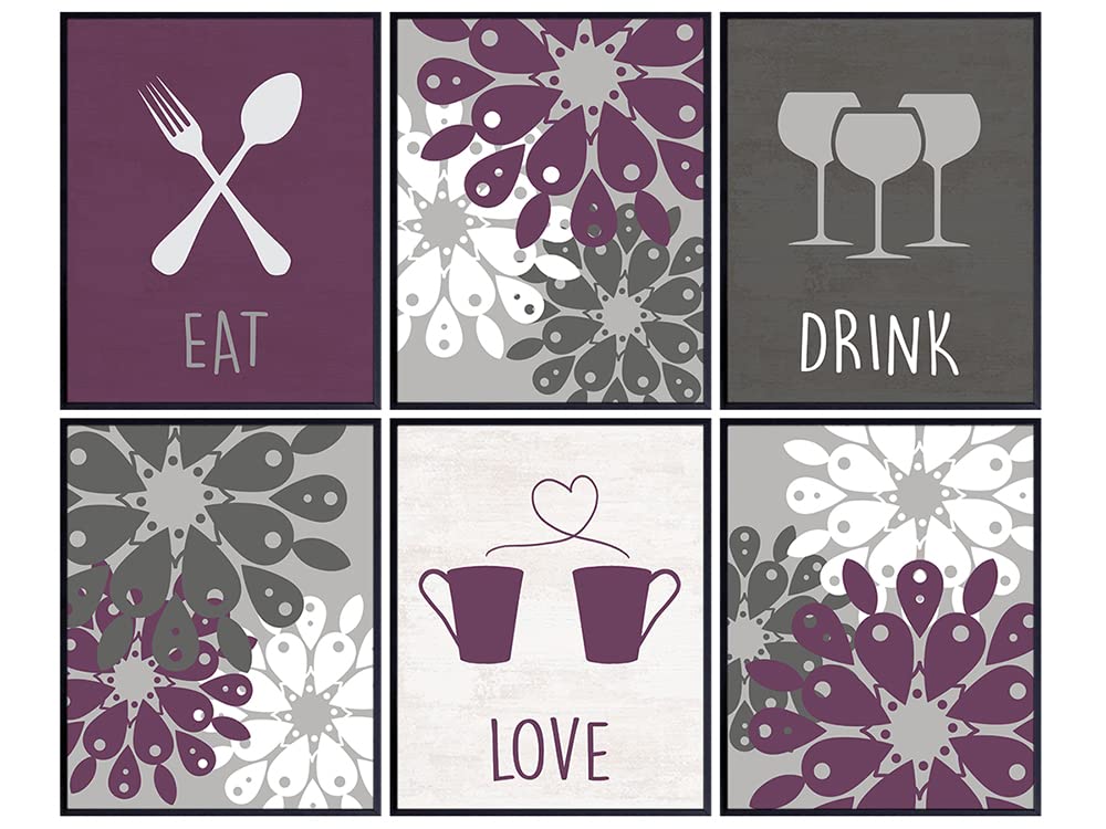 Dining Room, Kitchen Decor - Cafe or Restaurant Wall Art Prints - Boho Farmhouse Kitchen Decoration Posters - 8x10 Unique Gift for Cook, Chef, Gourmet - Purple, Plum Pictures- Eat Drink Love -Unframed