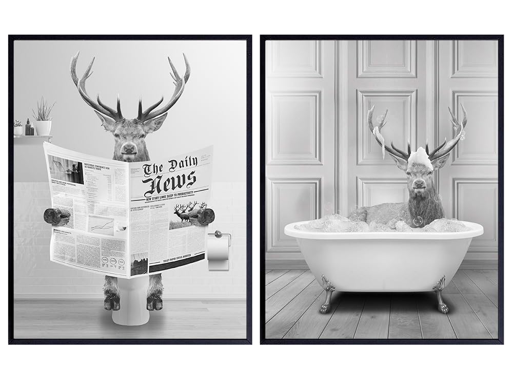 Bathroom Wall Art &amp; Decor - Country Wall Decor - Deer Wall Decor - Hunting Wall Decor - Elk Wall Decor - Funny Bathroom Decor for Women Men Kids - Guest Bath Decor - Cute Bathroom Decor Accessories