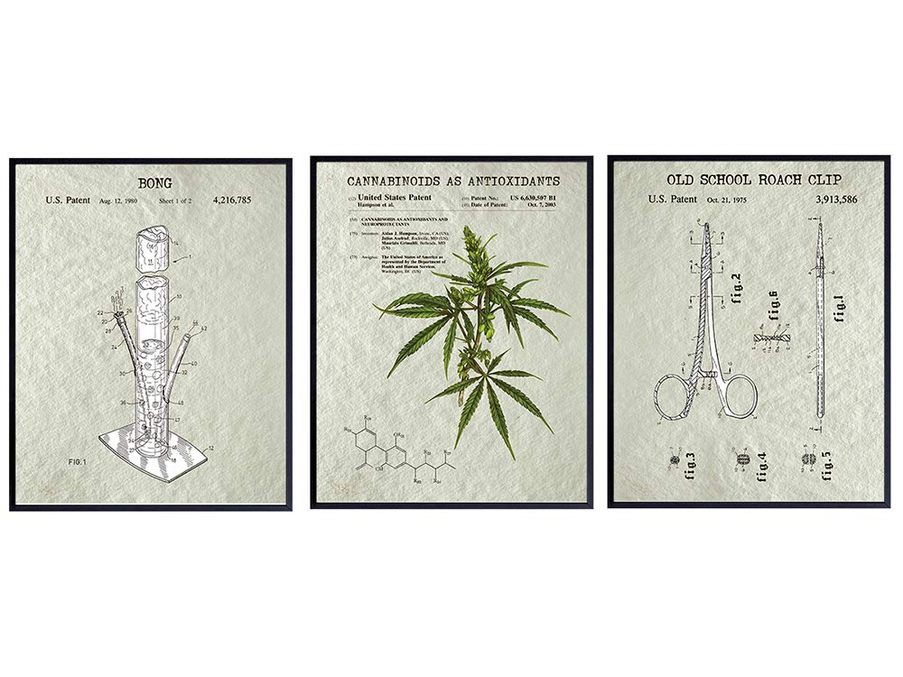 Marijuana Cannabis Patent Art Prints - Vintage Dope Wall Art Poster Set - Chic Rustic Home Decor for Man Cave, Game Room, Bedroom, Den, Living Room - Gift for Pot Heads - 8x10 Photo - Unframed